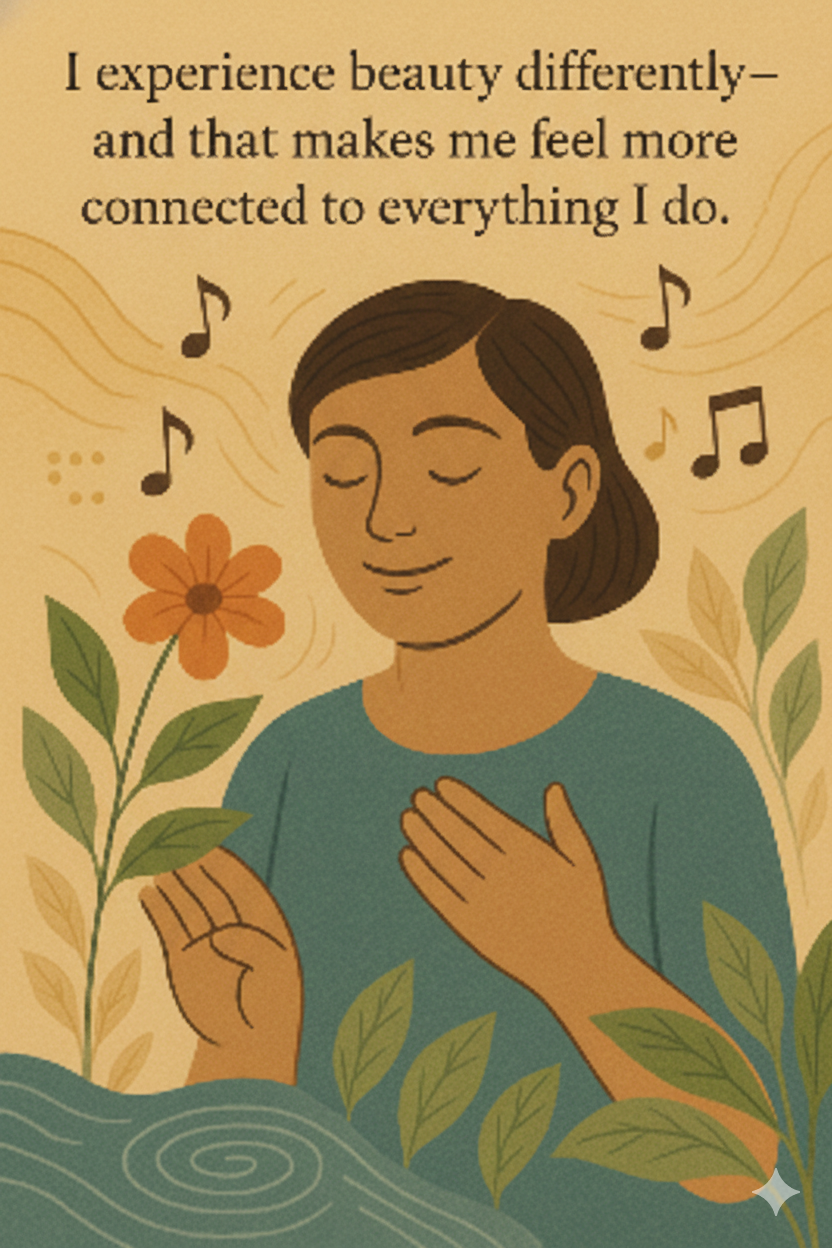 Illustration of a blind woman with a peaceful expression, eyes closed, gently touching a flower with one hand and resting the other over her heart. Surrounding her are abstract waves, leaves, musical notes, and rippling water—symbolizing sensory connection. At the top, a quote reads \"I experience beauty differently—and that makes me feel more connected to everything I do.\"
