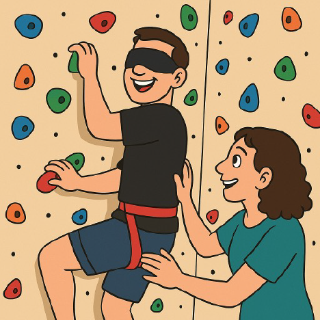 A blindfolded man is actively climbing an indoor rock wall. He’s wearing a black t-shirt, blue shorts, a red climbing harness, and a black blindfold. Beside him, a smiling woman with short brown hair, wearing a teal shirt, is offering support and guidance. She gently places one hand on his back and the other on his leg harness area, ready to assist if needed. The background features a beige indoor climbing wall dotted with colorful holds in red, green, blue, and orange. The holds are arranged at various heights and angles, creating a dynamic, engaging environment