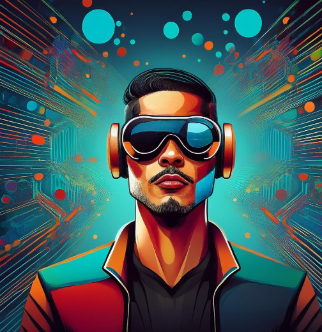 A vibrant, stylized portrait of a man centrally positioned, wearing futuristic-looking glasses that resemble goggles. They are dark, almost indigo-blue, with a reflective quality. He wears a futuristic, tech-inspired jacket with orange-red and teal-turquoise tones. The background is filled with circular forms and diagonal lines and shapes that resemble circuit boards or digital patterns in teal, turquoise, and other blues and oranges.