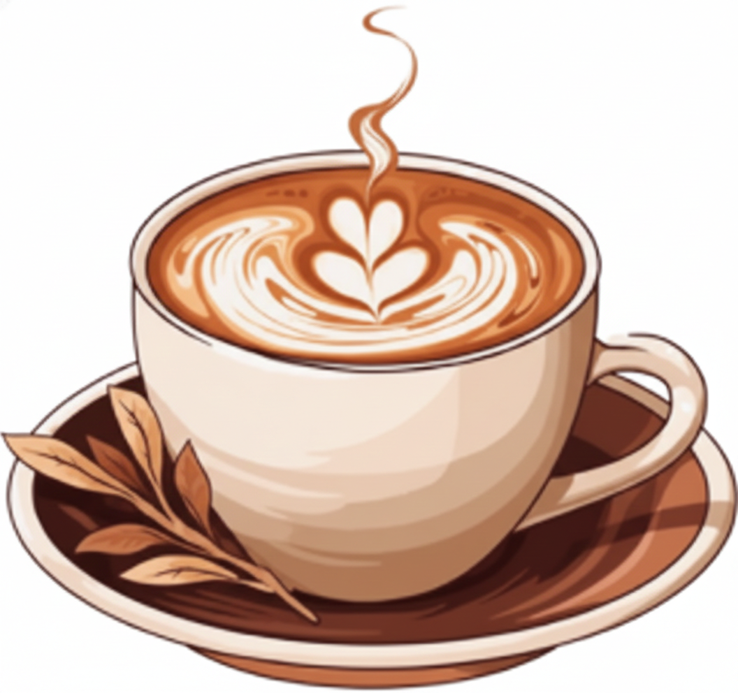 A simple and cozy illustration of a hot latte in a ceramic cup, topped with leaf-shaped latte art and gentle steam rising above it.