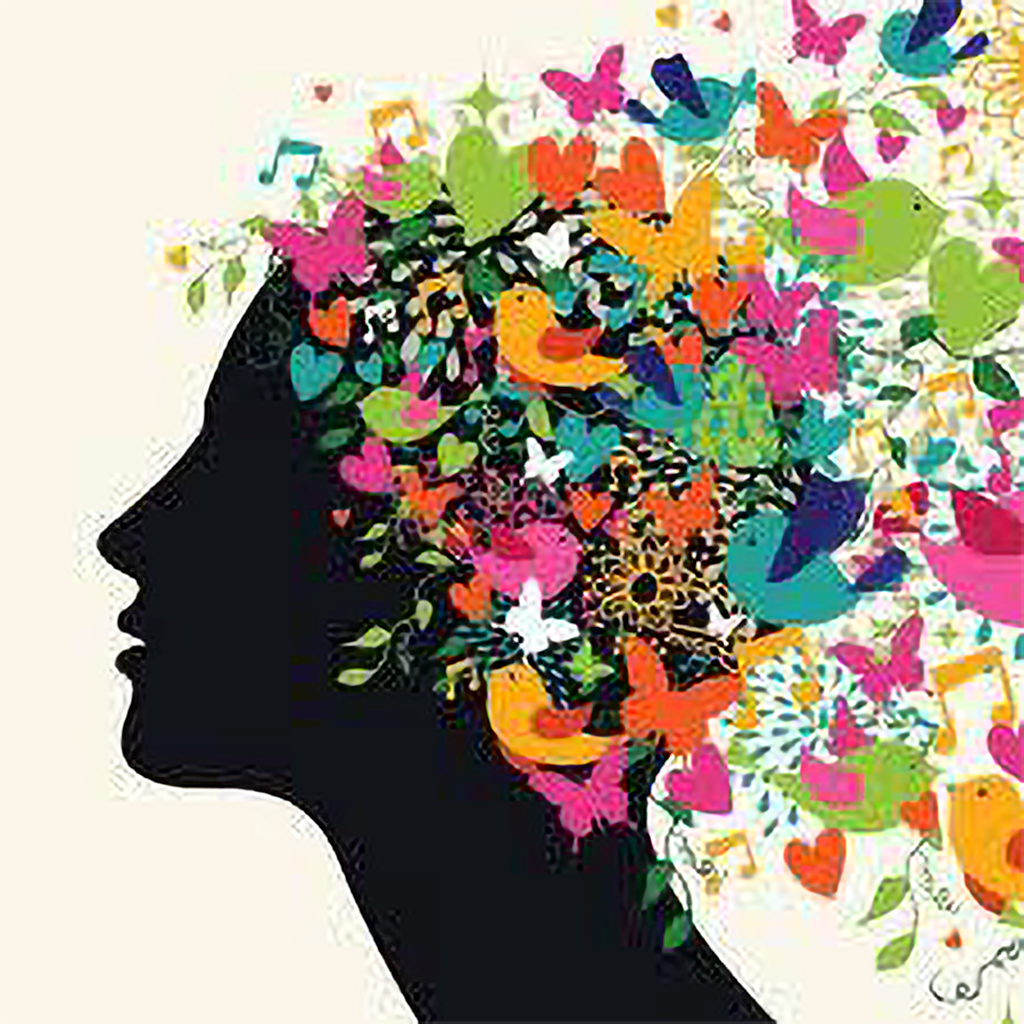 A stylized portrait of a woman’s profile. The woman’s silhouette is black and her head and upper torso are depicted. Her expression is serene and her features are soft and smooth. Her head is covered with a variety of colorful elements. These include birds of various sizes and colors, butterflies, hearts, musical notes, and floral motifs. The overall color pallet is vibrant and cheerful, with a mix of pinks, oranges, yellows, blues, greens, and purples. The design is whimsical and evokes a sense of creativity and joy. The colors and patterns give the piece a lively appearance.